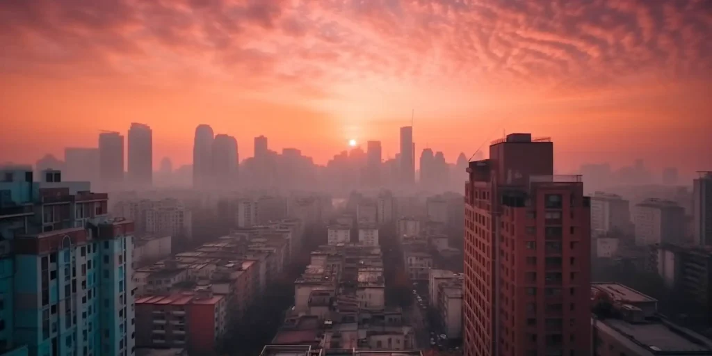 a city’s skyline in hot summer weather where there’s an increased risk for the development of a heatstroke.