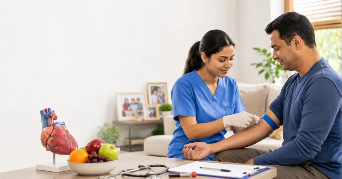 Professional nurse collecting a blood sample at home for a heart health blood test from a middle-aged patient with a family history of heart disease.