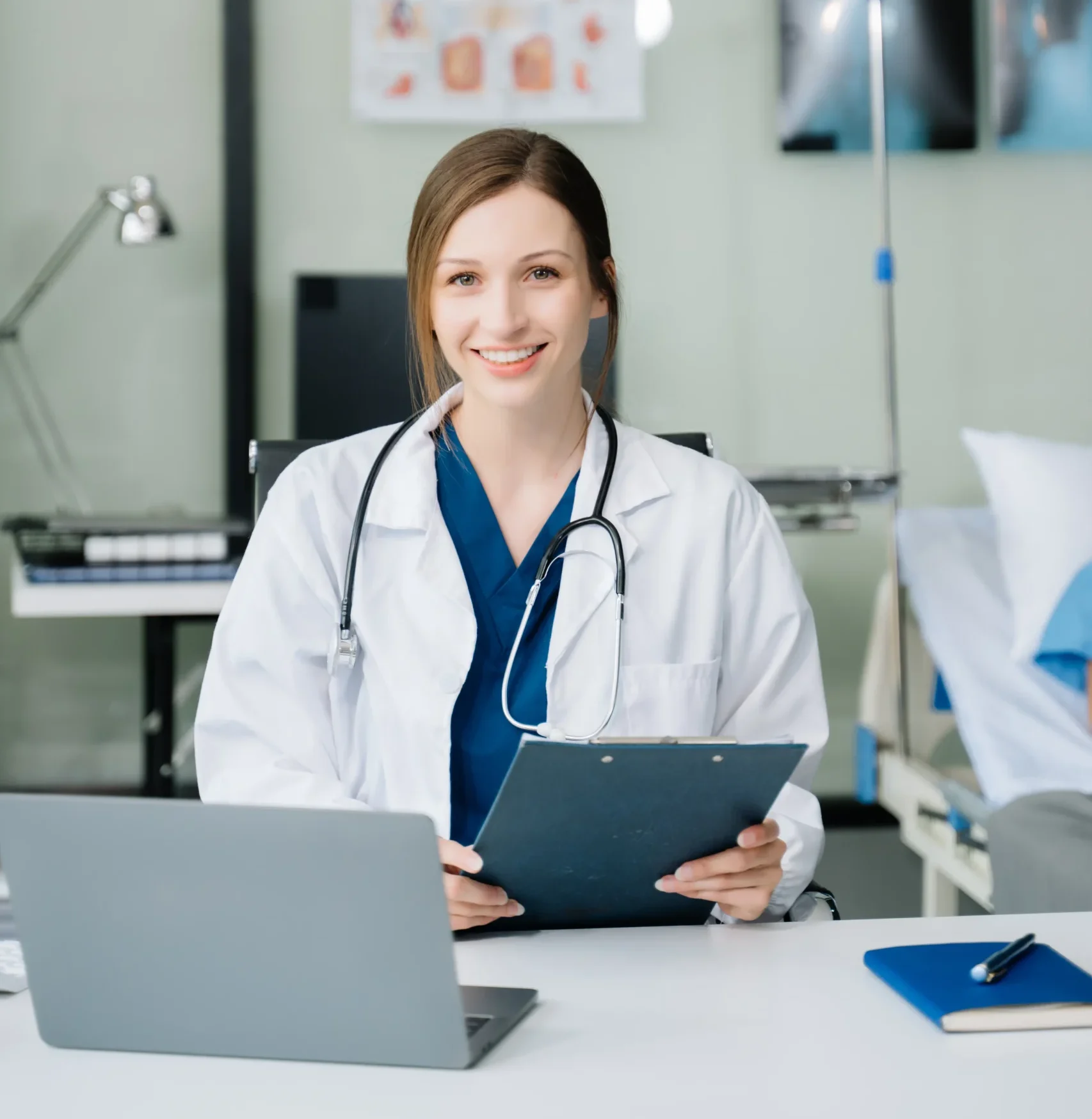 a female doctor at home, wearing a lab coat.