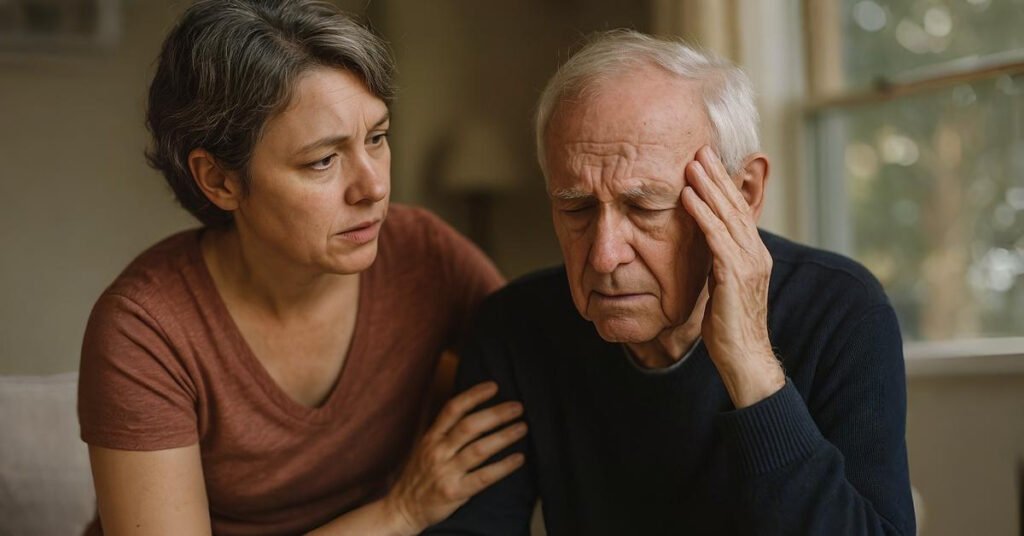 A realistic, high-resolution photo of a dementia patient, captured in natural lighting