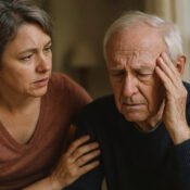 A realistic, high-resolution photo of a dementia patient, captured in natural lighting