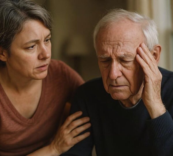 A realistic, high-resolution photo of a dementia patient, captured in natural lighting