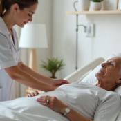 Caregiver safely lifting an elderly person using correct manual handling techniques in a Dubai care facility