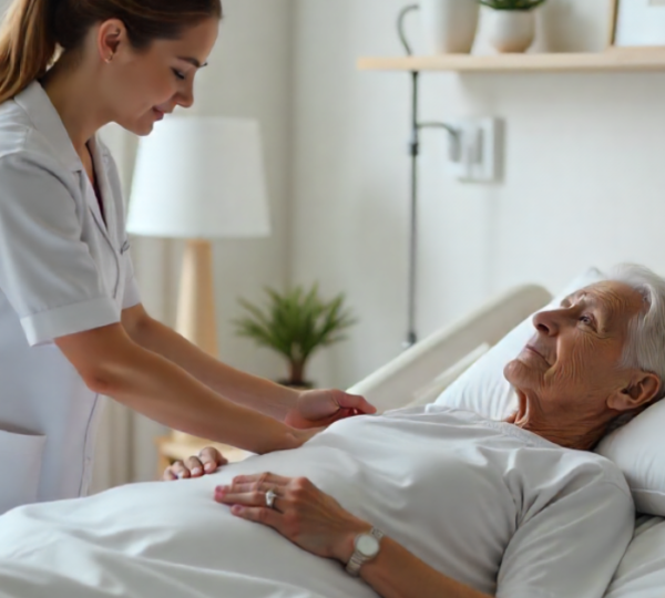 Caregiver safely lifting an elderly person using correct manual handling techniques in a Dubai care facility