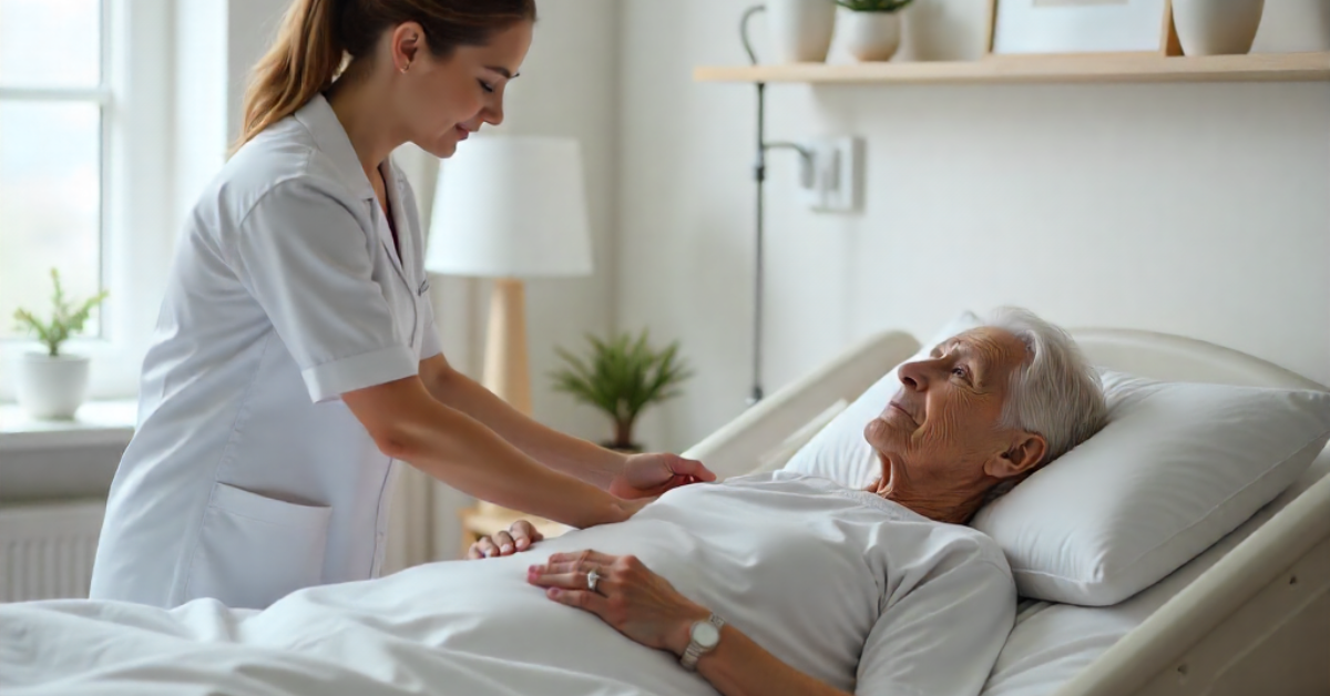 Caregiver safely lifting an elderly person using correct manual handling techniques in a Dubai care facility