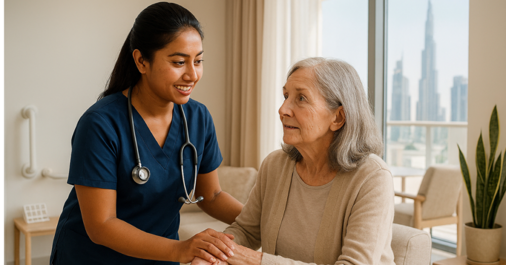 A nurse in navy blue scrubs gently assists an elderly woman with silver hair in a bright, modern Dubai home. They share a warm, compassionate moment near a beige sofa, with natural light streaming through large windows that reveal the city skyline. Subtle home healthcare elements like a grab bar and medication organizer are visible, creating a safe and dignified atmosphere.