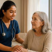 A nurse in navy blue scrubs gently assists an elderly woman with silver hair in a bright, modern Dubai home. They share a warm, compassionate moment near a beige sofa, with natural light streaming through large windows that reveal the city skyline. Subtle home healthcare elements like a grab bar and medication organizer are visible, creating a safe and dignified atmosphere.