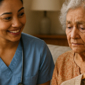 A licensed nurse taking care of an elderly woman. The nurse is able to calm down the elderly woman from her anxiety