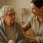 A nurse giving reassurance to an elderly lady
