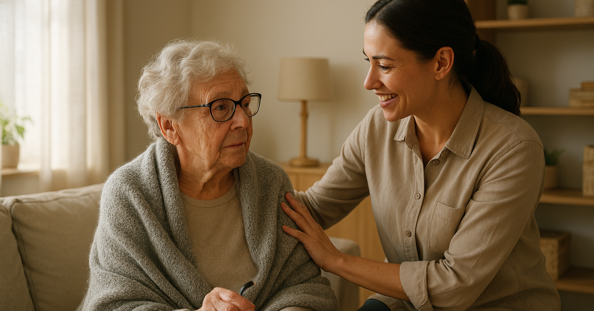 A nurse giving reassurance to an elderly lady
