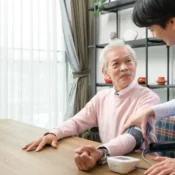 Nurse checking blood pressure of elderly