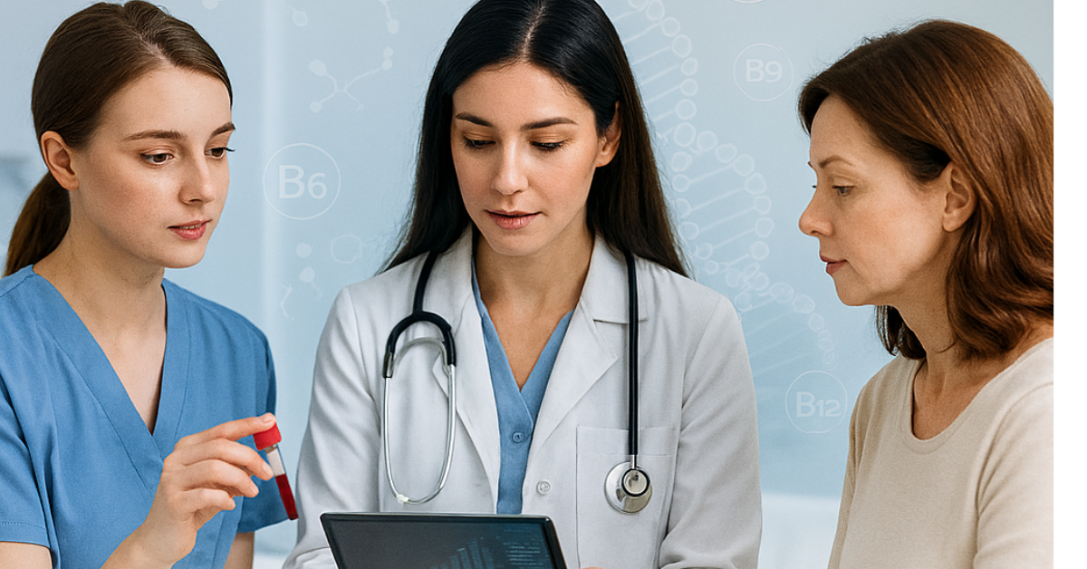 Image showing a calm, professional medical scene in a bright clinic. A female nurse gently holds a blood sample vial, symbolizing a homocysteine test. Beside her, a female doctor explains animated blood test visuals on a digital tablet to a seated female patient, who listens attentively.