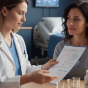 European female doctor discussing zinc test results with a Middle Eastern woman in a modern hospital room, with medical equipment and kidney health elements visible.