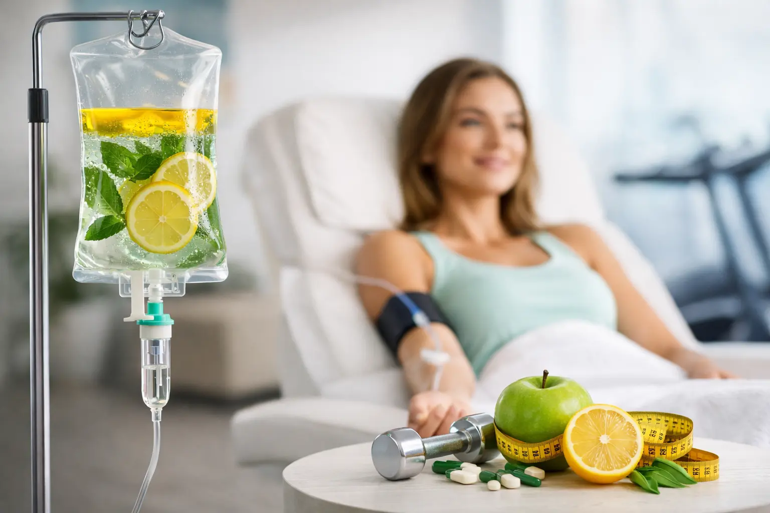 A women in undergoing weight loss IV therapy in Dubai