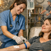 Young female nurse administering Memory Booster IV Therapy to a woman at home in Dubai, supporting focus, memory, and overall brain health with a realistic, professional care setting.