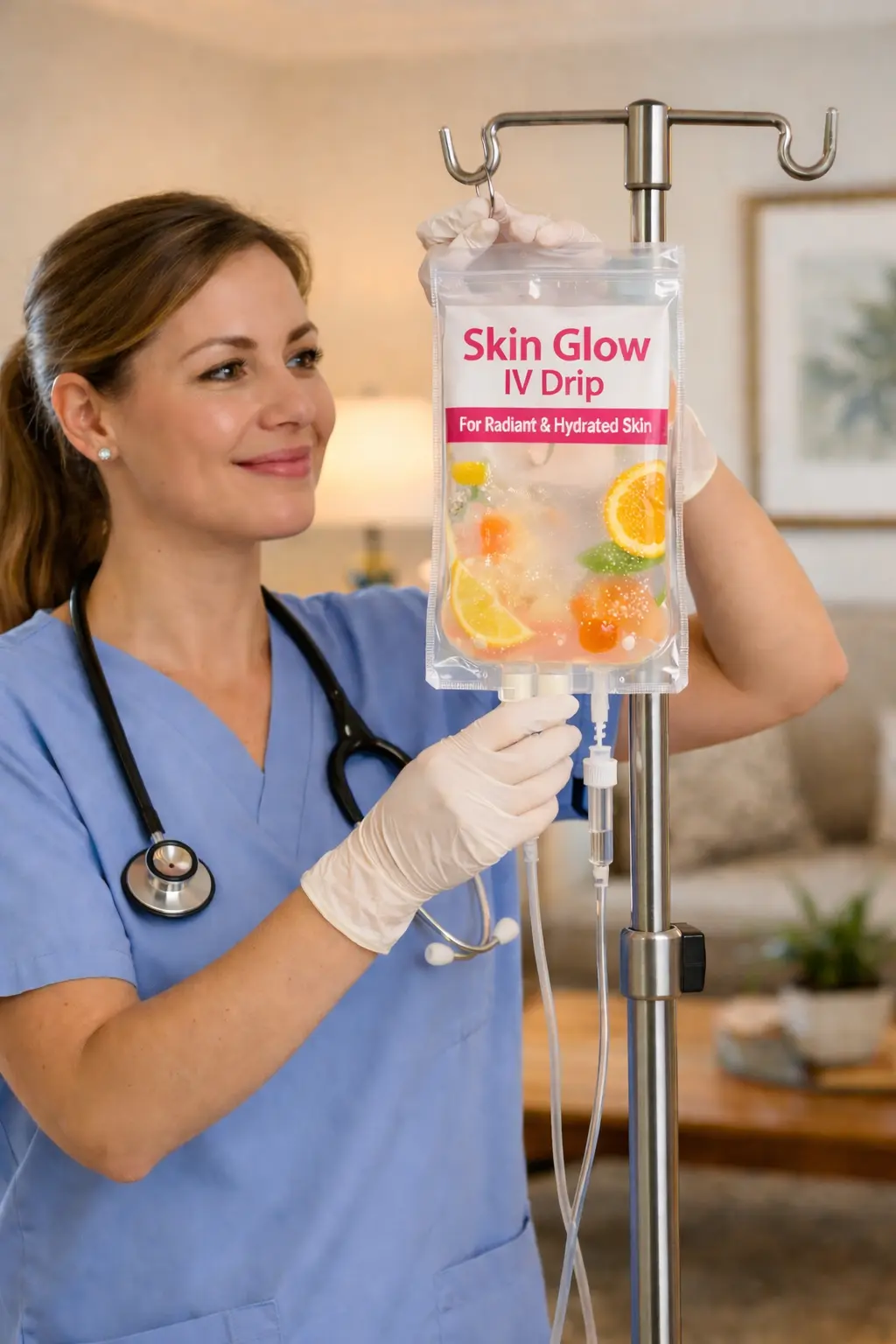 Nurse hanging "Skin Glow IV Drip" bag on IV Stand