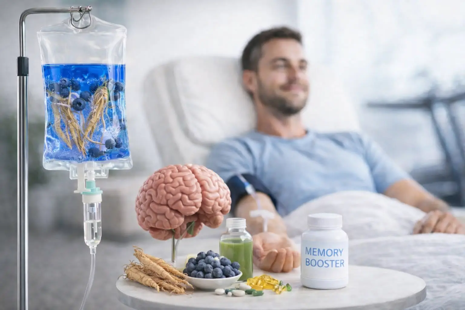 A client receiving Memory Boost IV Therapy at home, feeling calm, focused, and relaxed during the IV session.