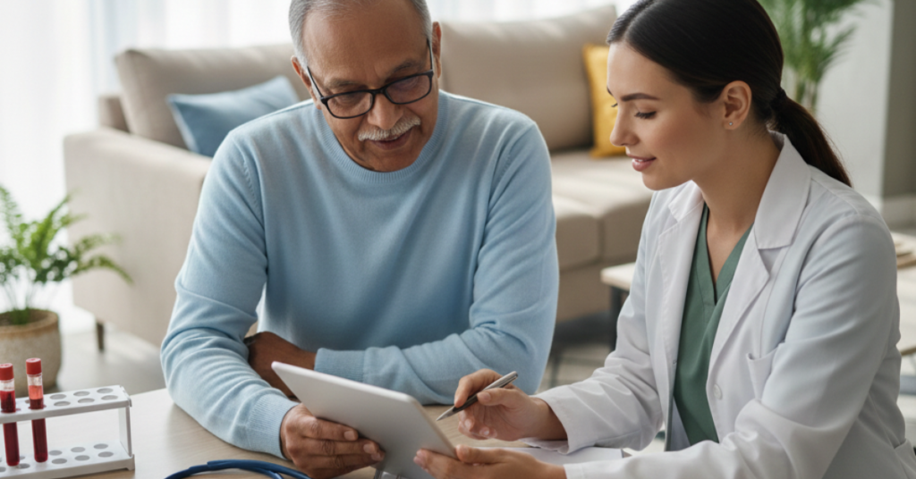 Healthcare professional explaining blood test results to an individual at home using a digital tablet in a calm, modern setting