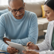 Healthcare professional explaining blood test results to an individual at home using a digital tablet in a calm, modern setting