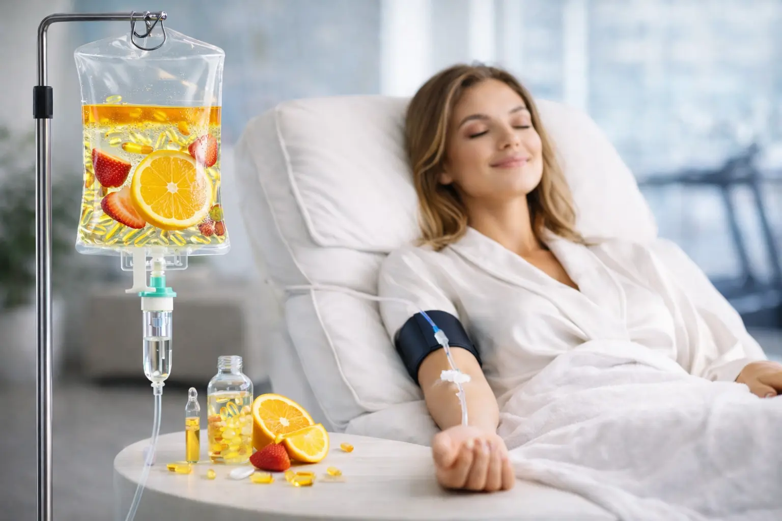 A woman is getting Skin Glow IV Therapy at the comfort of her home. She is feeling relaxed during the IV Session.