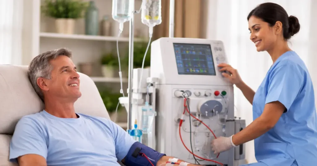 Patient receiving dialysis treatment comfortably at home with medical support
