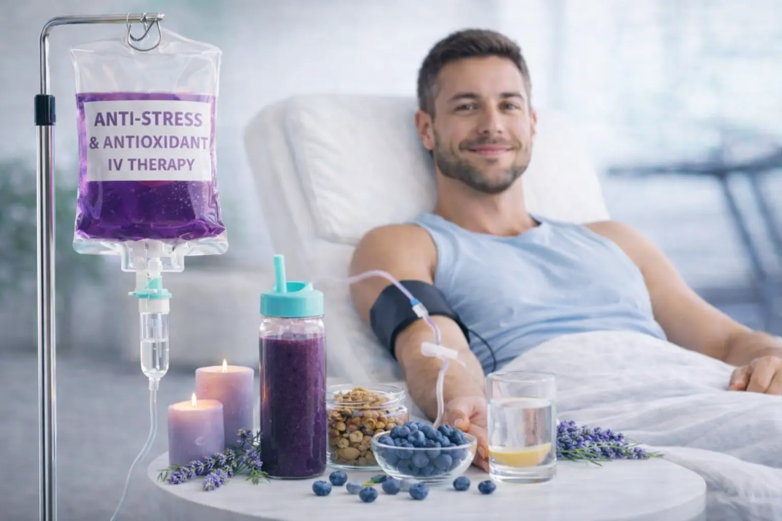 A person taking Anti-stress and antioxidant IV therapy in Dubai