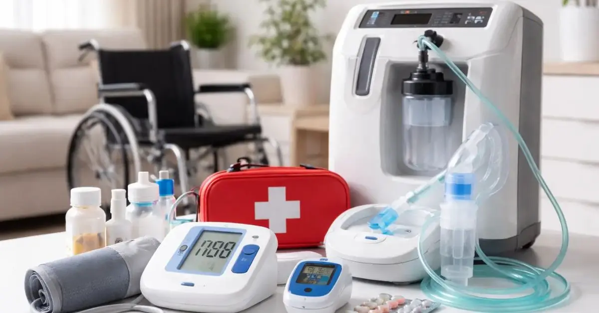 Essential home medical equipment for safe home care in Dubai, including blood pressure monitor, oxygen concentrator, nebulizer, wheelchair, and patient care supplies in a modern living room.