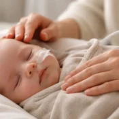 Baby receiving gentle feeding tube care in a calm home environment with professional support