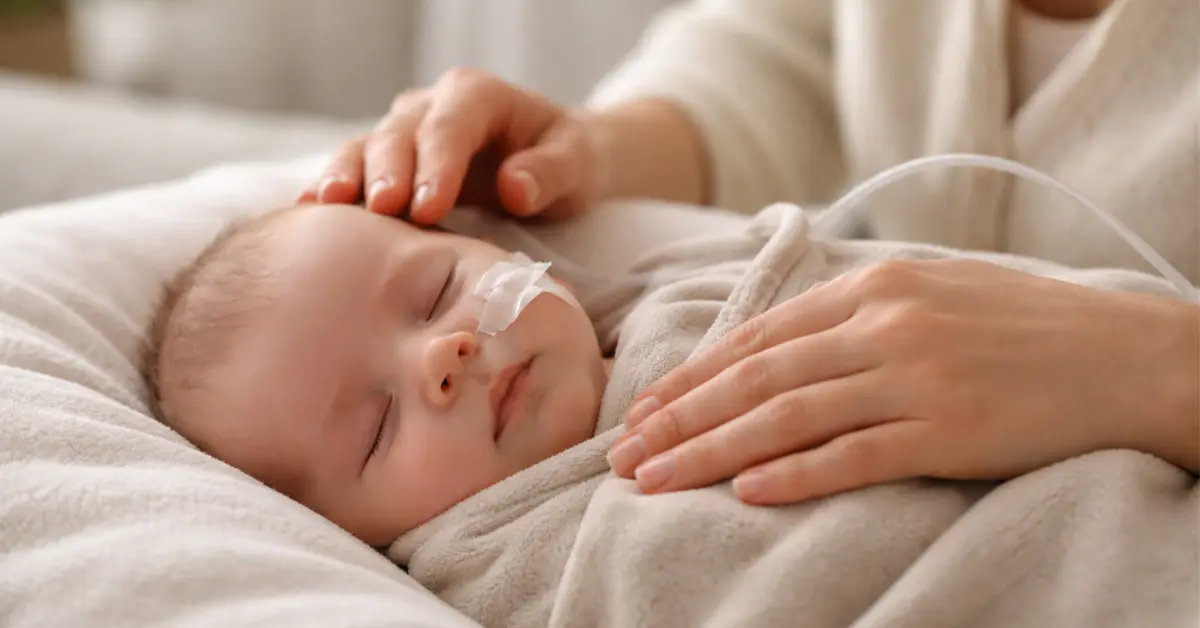 Baby receiving gentle feeding tube care in a calm home environment with professional support