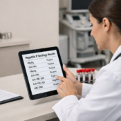 A high-resolution, photorealistic image of a female healthcare professional in a white clinical coat and blue scrubs, seated at a desk in a bright, modern clinic. She is focused on a tablet displaying a "Hepatitis B Serology Test Report" featuring clear medical markers like HBsAg and Anti-HBs. The background is a clean, professional medical setting with a clinical bed and soft natural lighting.