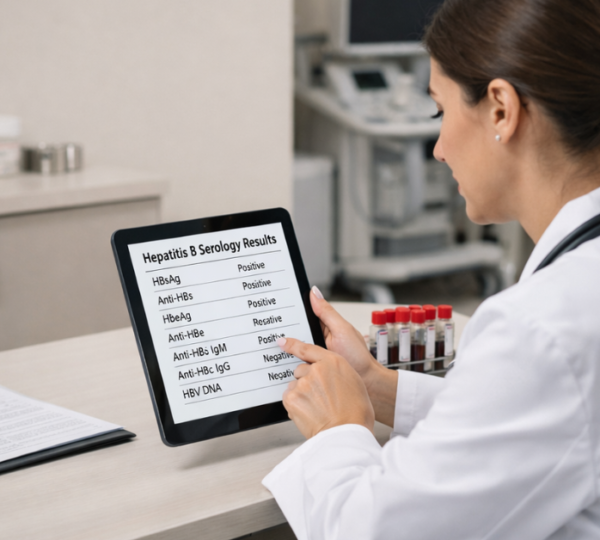 A high-resolution, photorealistic image of a female healthcare professional in a white clinical coat and blue scrubs, seated at a desk in a bright, modern clinic. She is focused on a tablet displaying a "Hepatitis B Serology Test Report" featuring clear medical markers like HBsAg and Anti-HBs. The background is a clean, professional medical setting with a clinical bed and soft natural lighting.