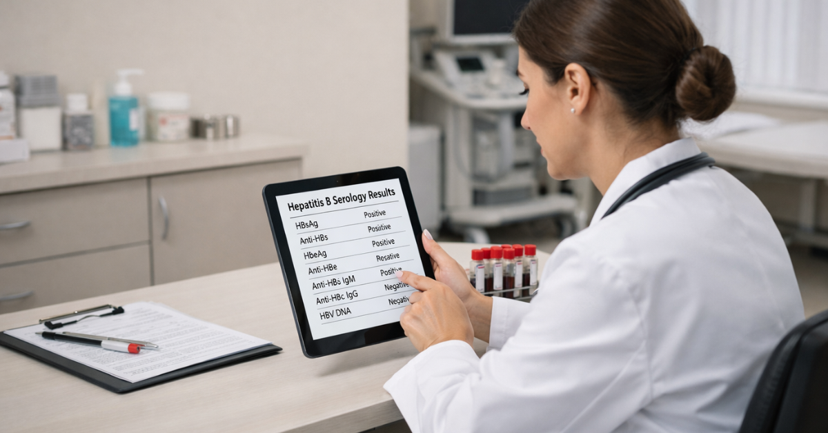 A high-resolution, photorealistic image of a female healthcare professional in a white clinical coat and blue scrubs, seated at a desk in a bright, modern clinic. She is focused on a tablet displaying a "Hepatitis B Serology Test Report" featuring clear medical markers like HBsAg and Anti-HBs. The background is a clean, professional medical setting with a clinical bed and soft natural lighting.