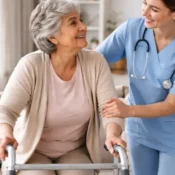 Nurse helping a elderly lady with mobility issues