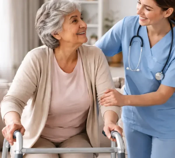 Nurse helping a elderly lady with mobility issues