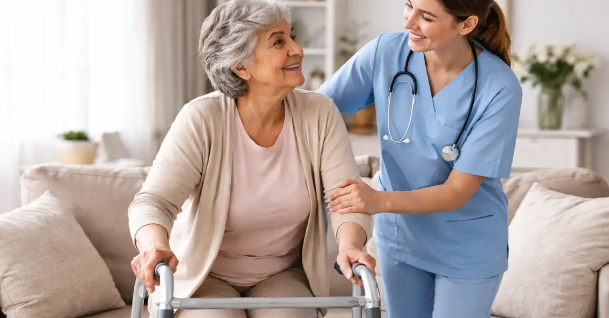 Nurse helping a elderly lady with mobility issues