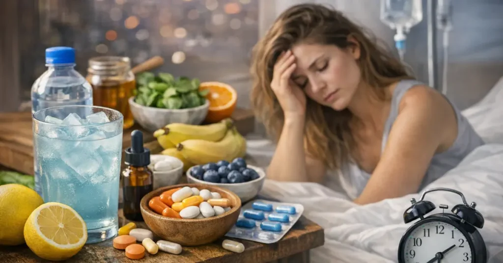 Tired woman sitting on bed with hydration drink, vitamins, fruits, and IV drip setup after a late night out