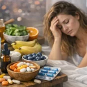 Tired woman sitting on bed with hydration drink, vitamins, fruits, and IV drip setup after a late night out