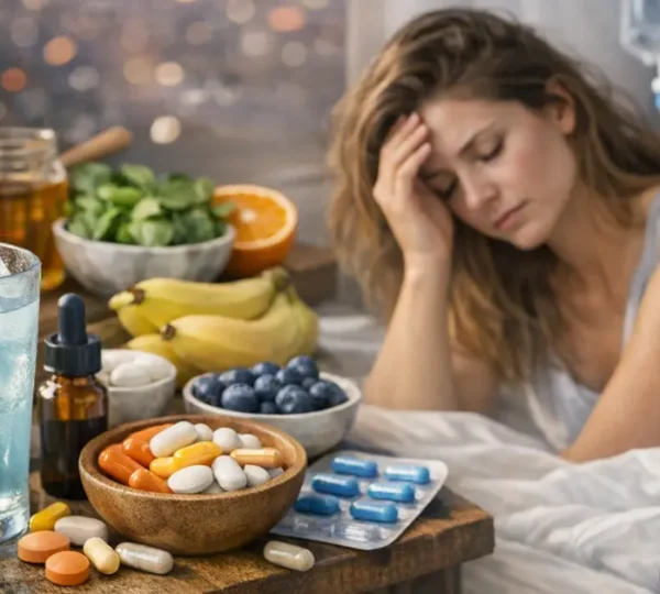 Tired woman sitting on bed with hydration drink, vitamins, fruits, and IV drip setup after a late night out