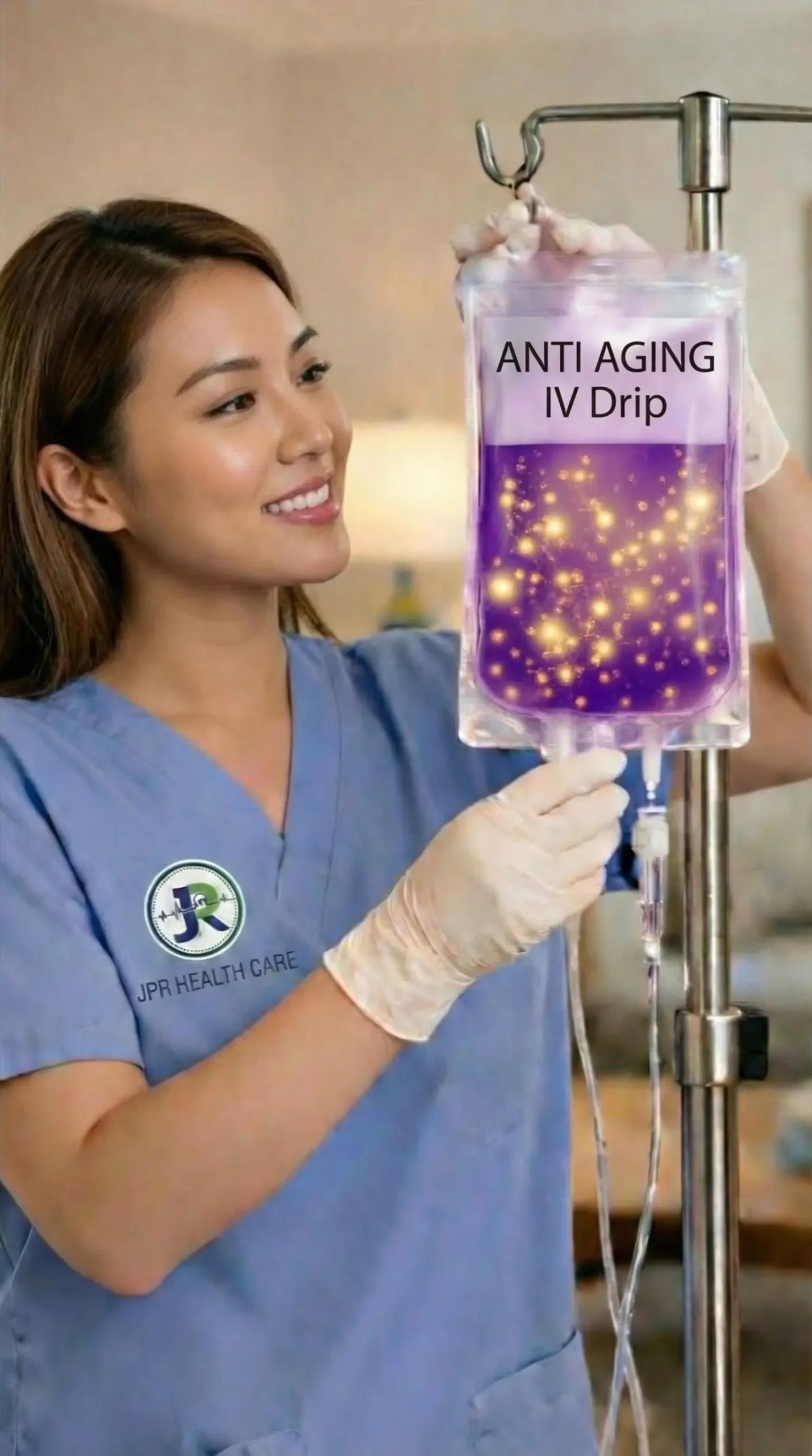 A nurse administering anti aging iv drip at home in Dubai