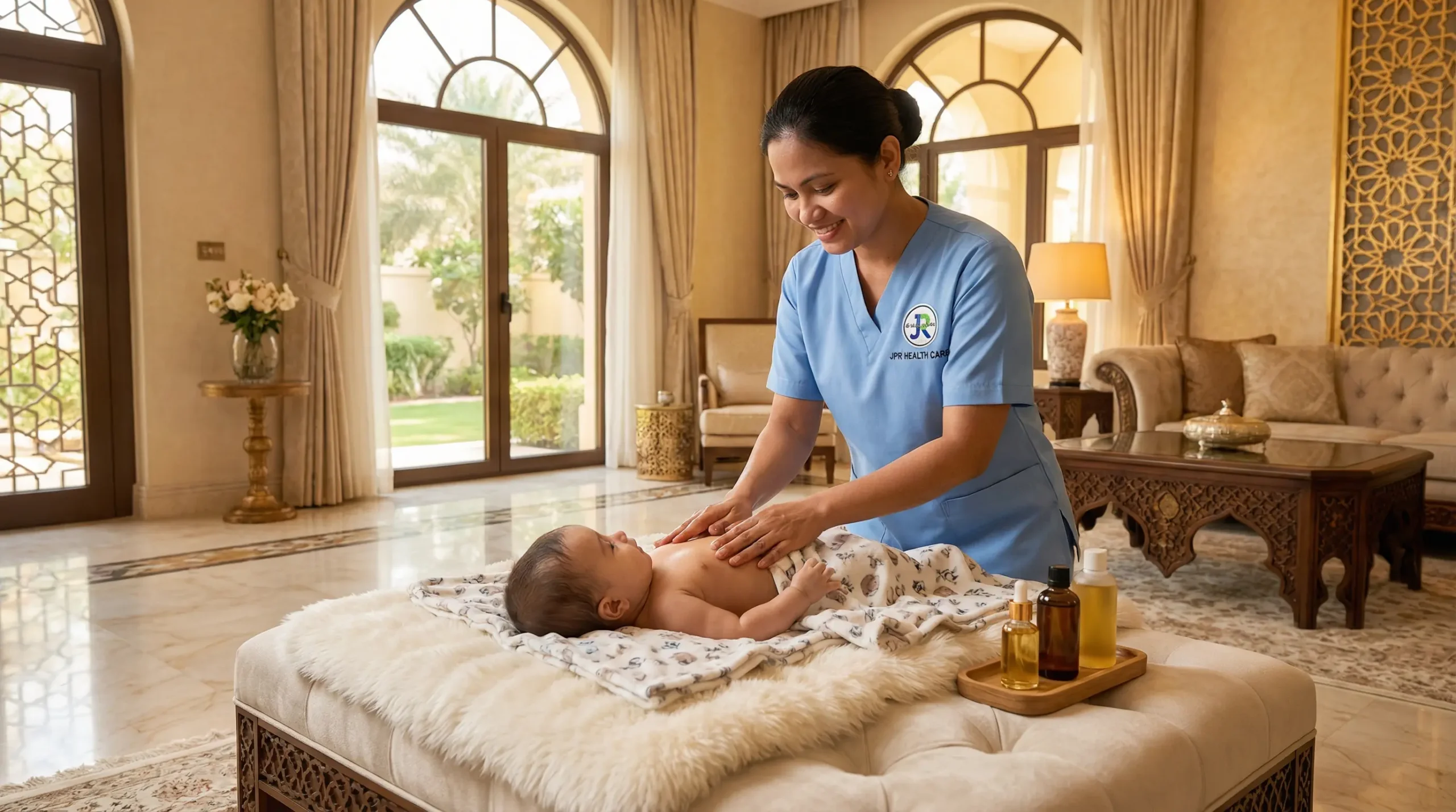A baby is smiling after receiving the best baby care in Ajman