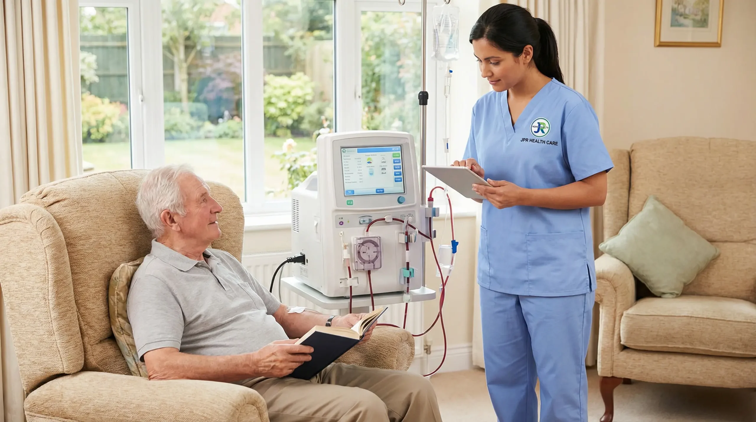 A person undergoing home dialysis at home in Dubai