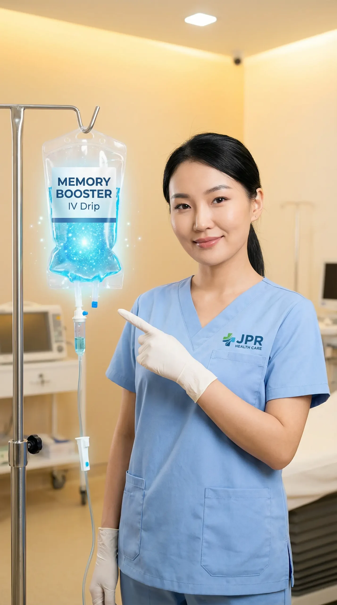 A nurse administering a memory booster IV drip at home in Dubai