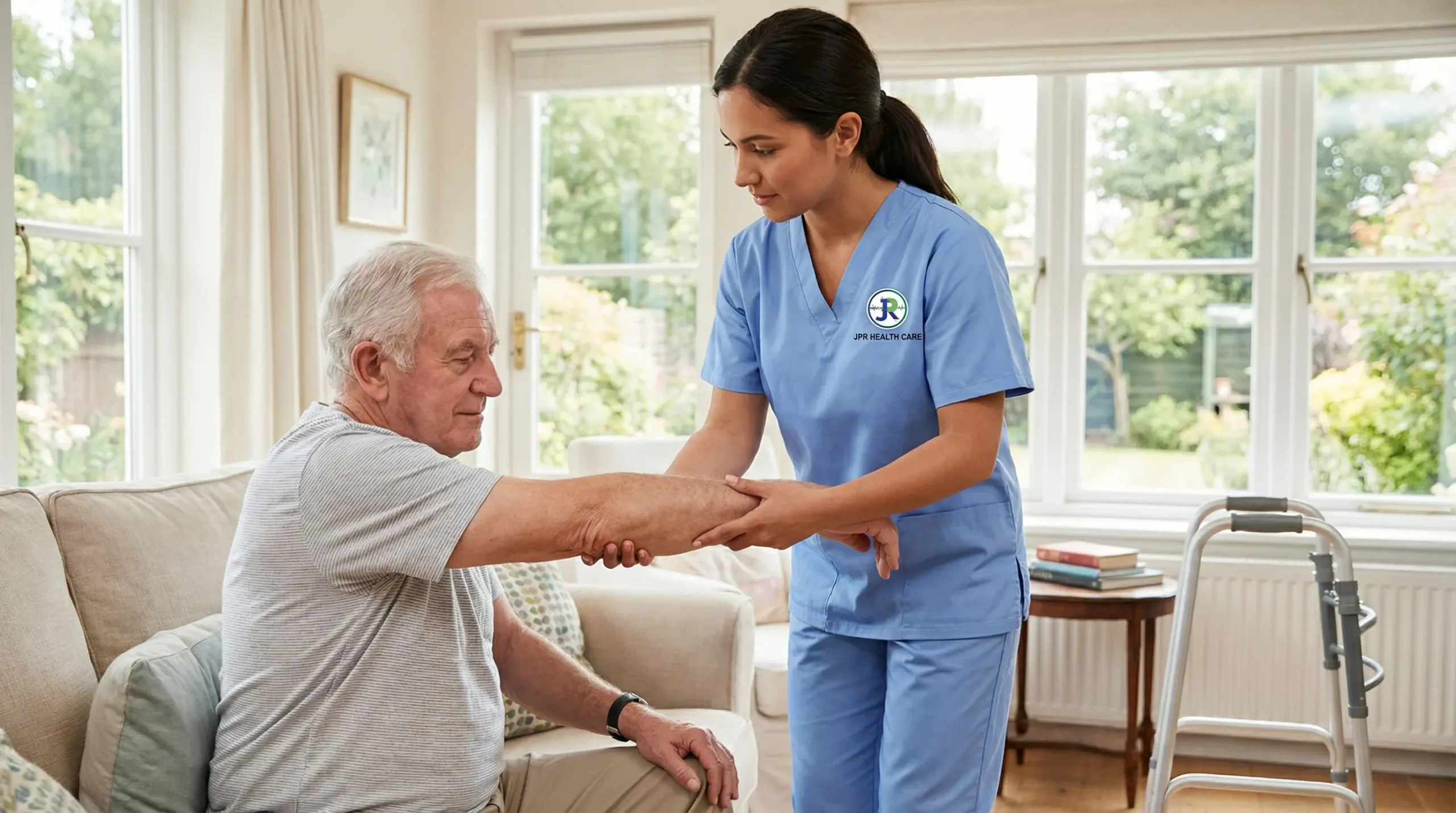 nurse helping stroke patient at home