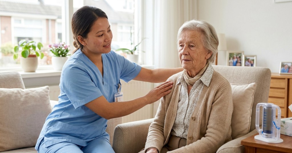 Professional home-based respiratory therapy session where a skilled nurse provides personalized pulmonary rehabilitation to an elderly patient in a comfortable domestic setting.
