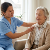 Professional home-based respiratory therapy session where a skilled nurse provides personalized pulmonary rehabilitation to an elderly patient in a comfortable domestic setting.