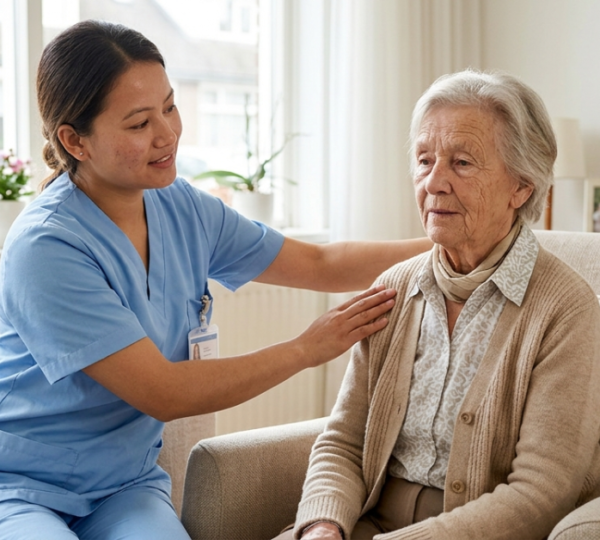 Professional home-based respiratory therapy session where a skilled nurse provides personalized pulmonary rehabilitation to an elderly patient in a comfortable domestic setting.