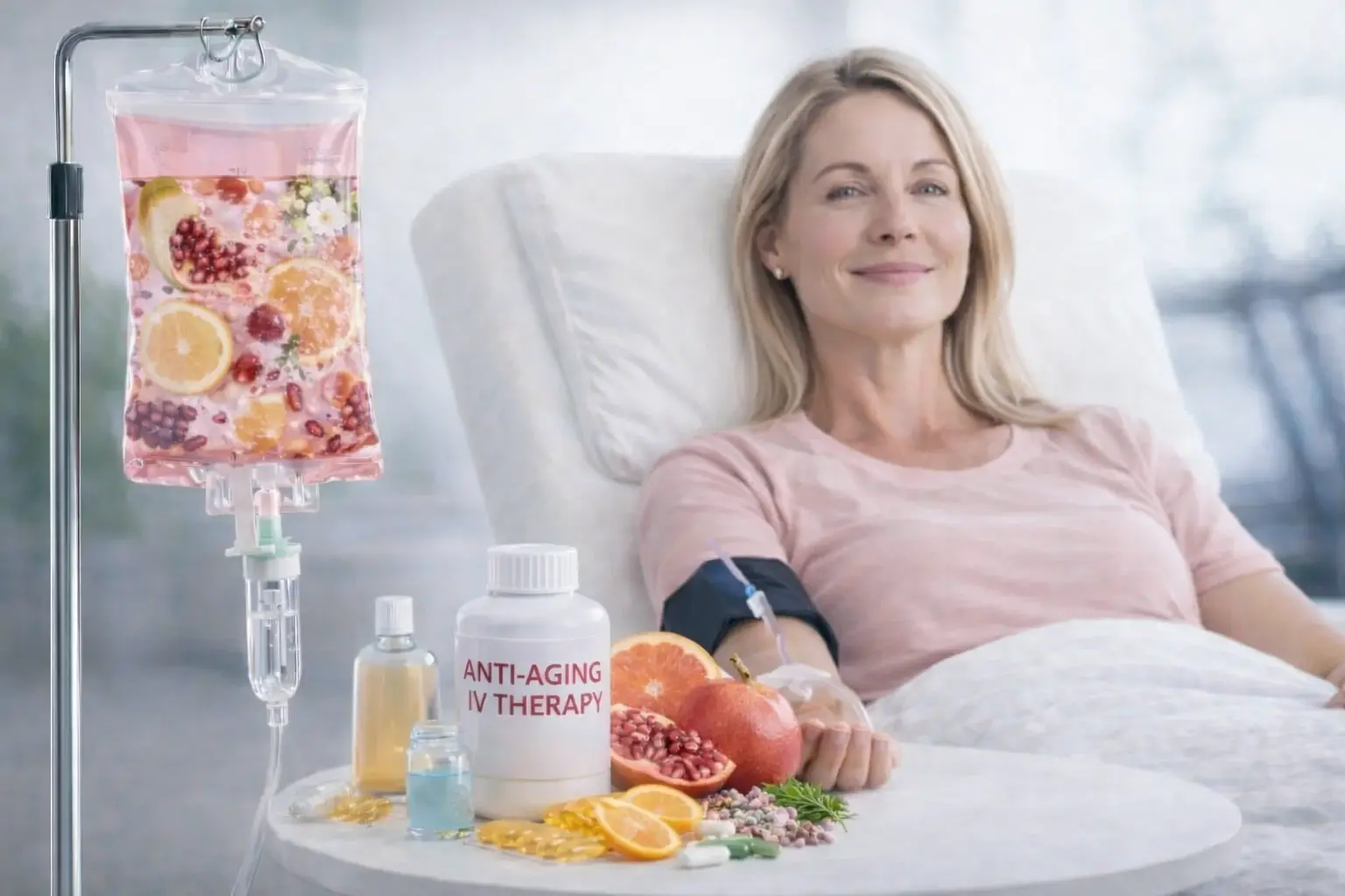 A woman receiving anti-aging IV therapy in Dubai