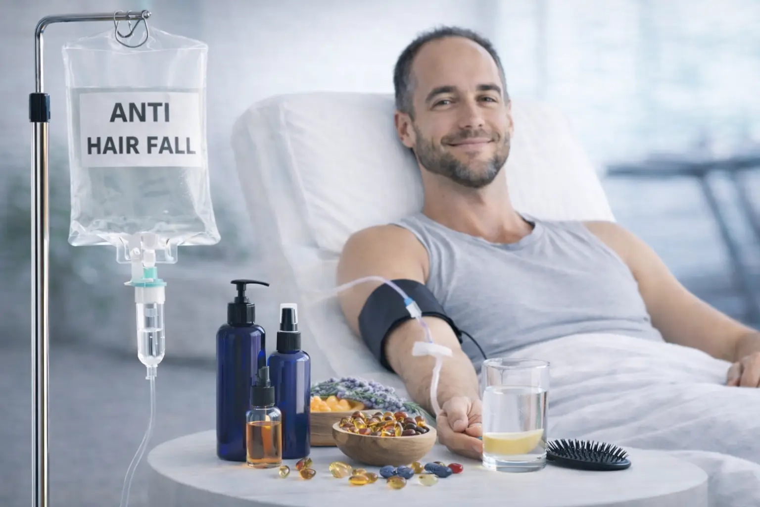 A person receiving anti-hair loss IV Therapy services in Dubai