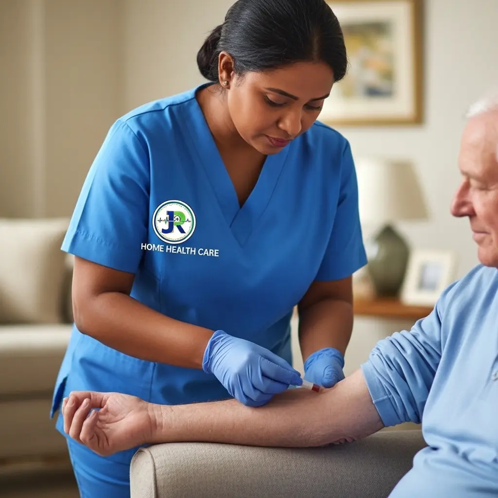 A registered nurse conducting a blood test for the elderly in Dubai