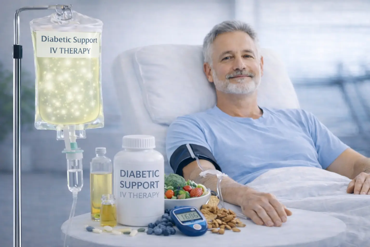 A person receiving diabetic support IV therapy in Dubai